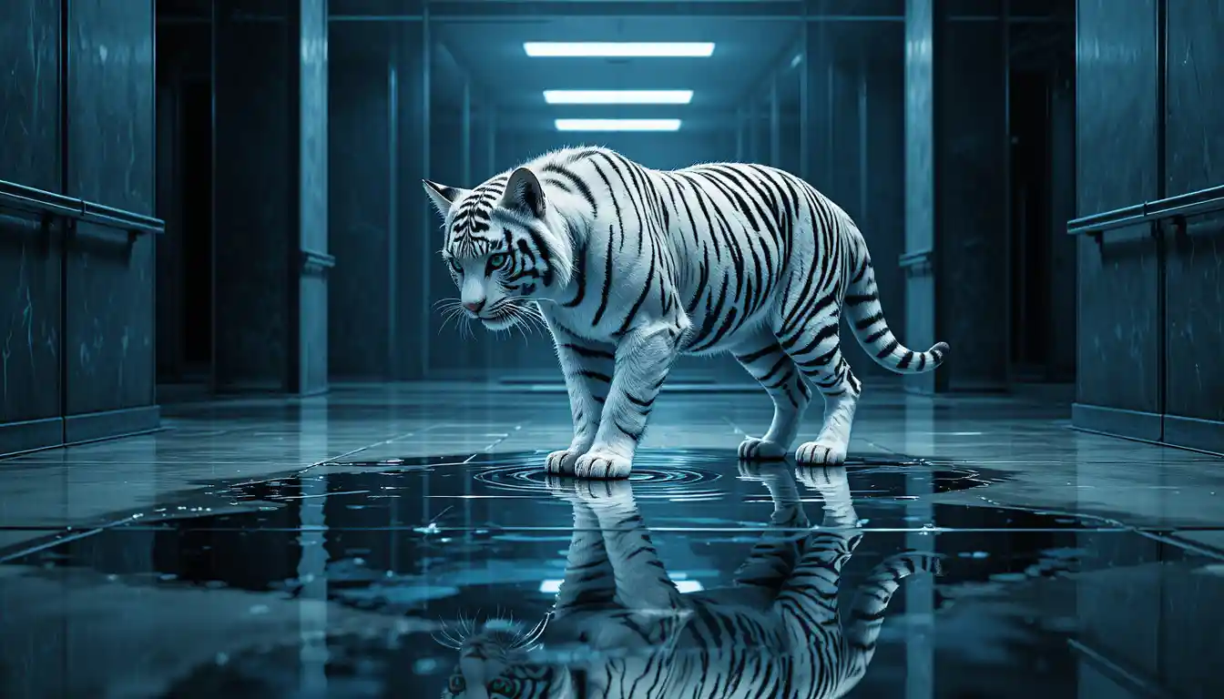 Gatito frente a su reflejo de tigre blanco en un suelo de baldosas