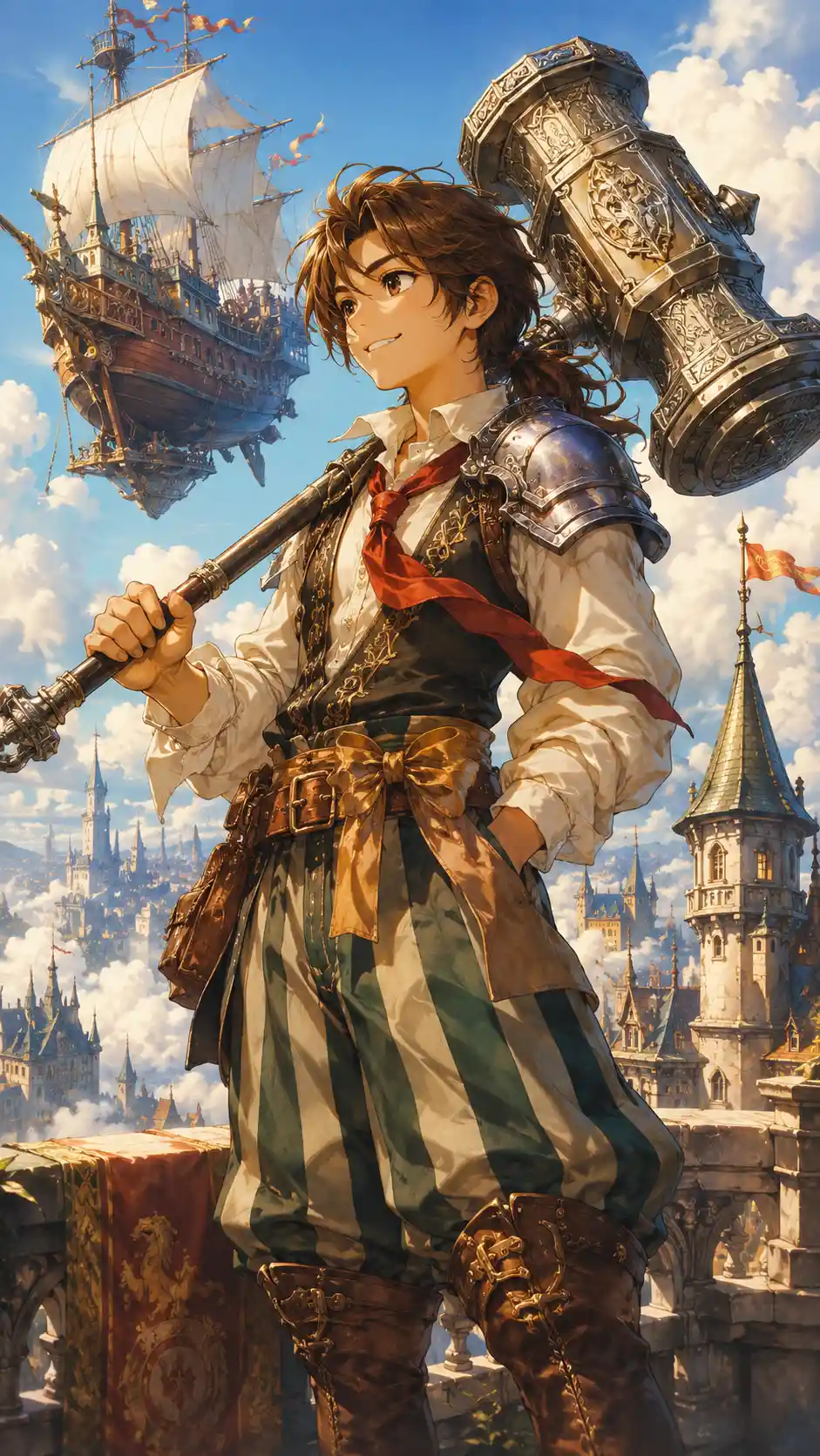 明るい空に戦鎚を振るうファンタジーヒーロー