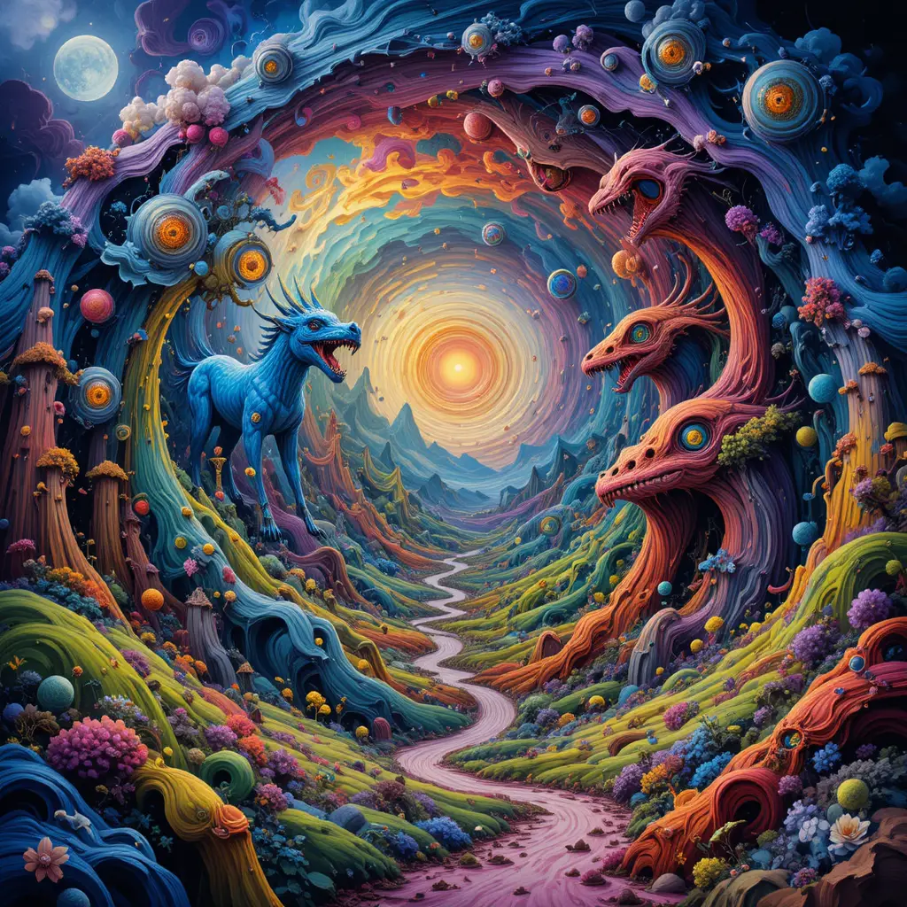 Monde onirique surréaliste aux tourbillons de couleurs et créatures fantastiques