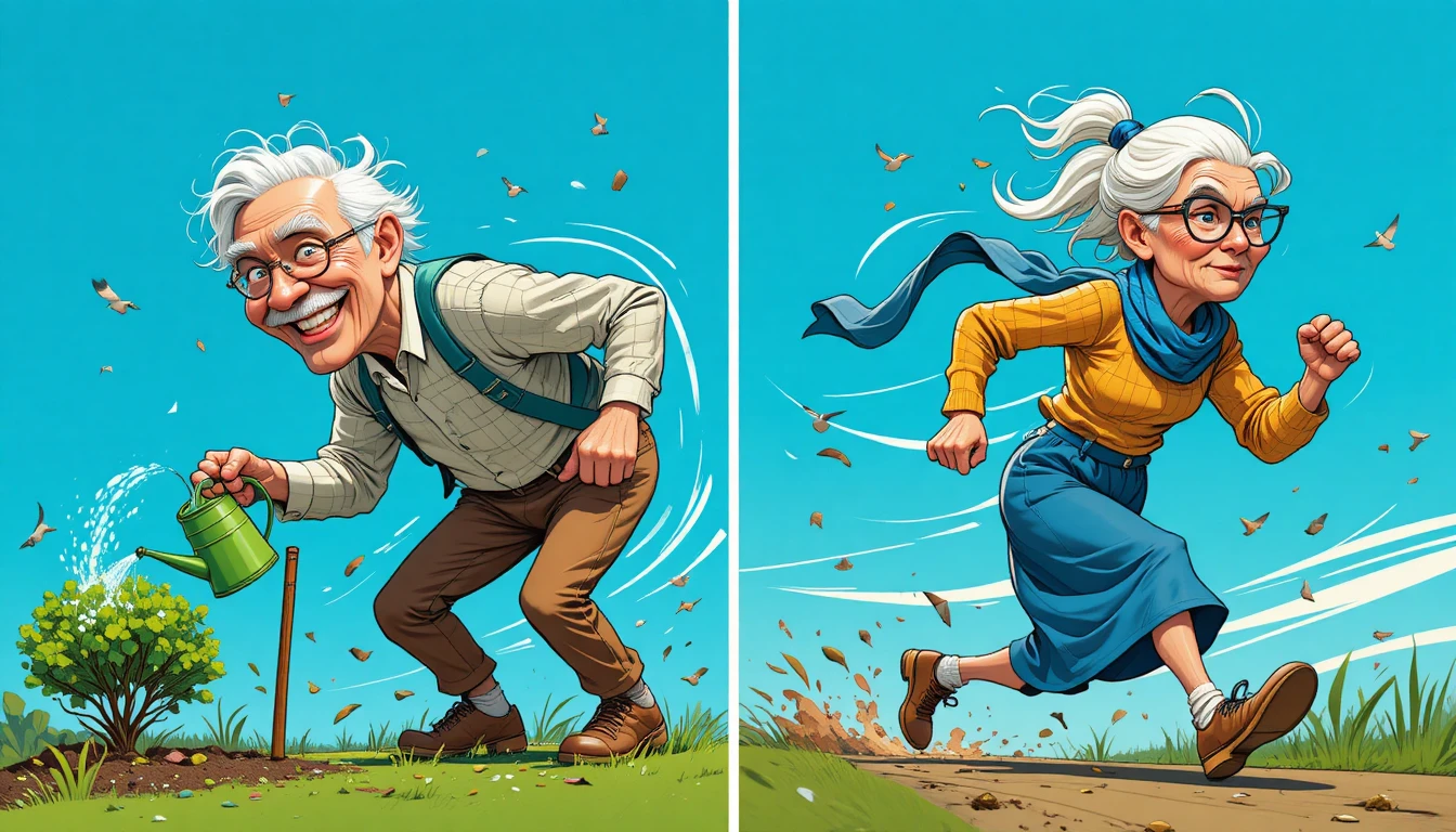Hombres mayores haciendo jardinería juntos en una escena soleada de estilo caricatura