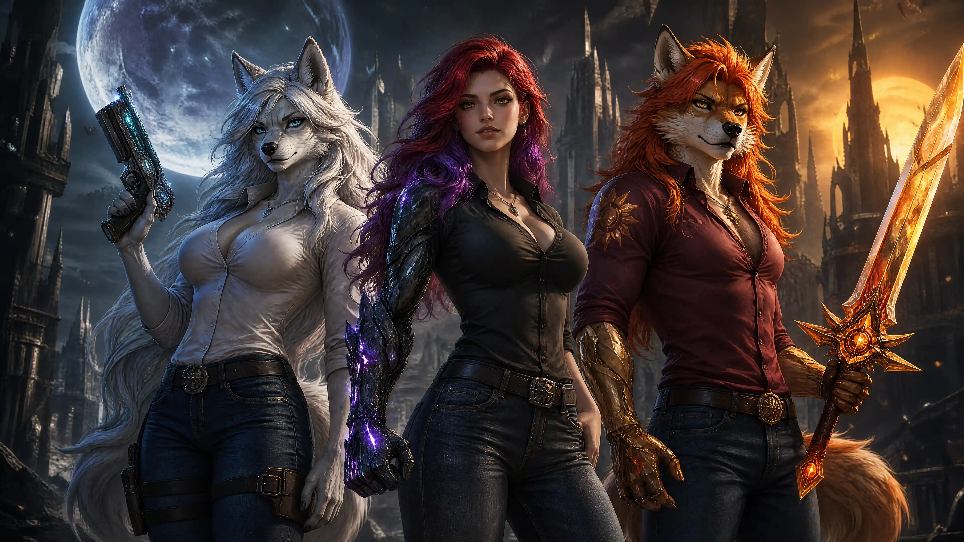 Fantasy woman with obsidian golem arm in casual clothes