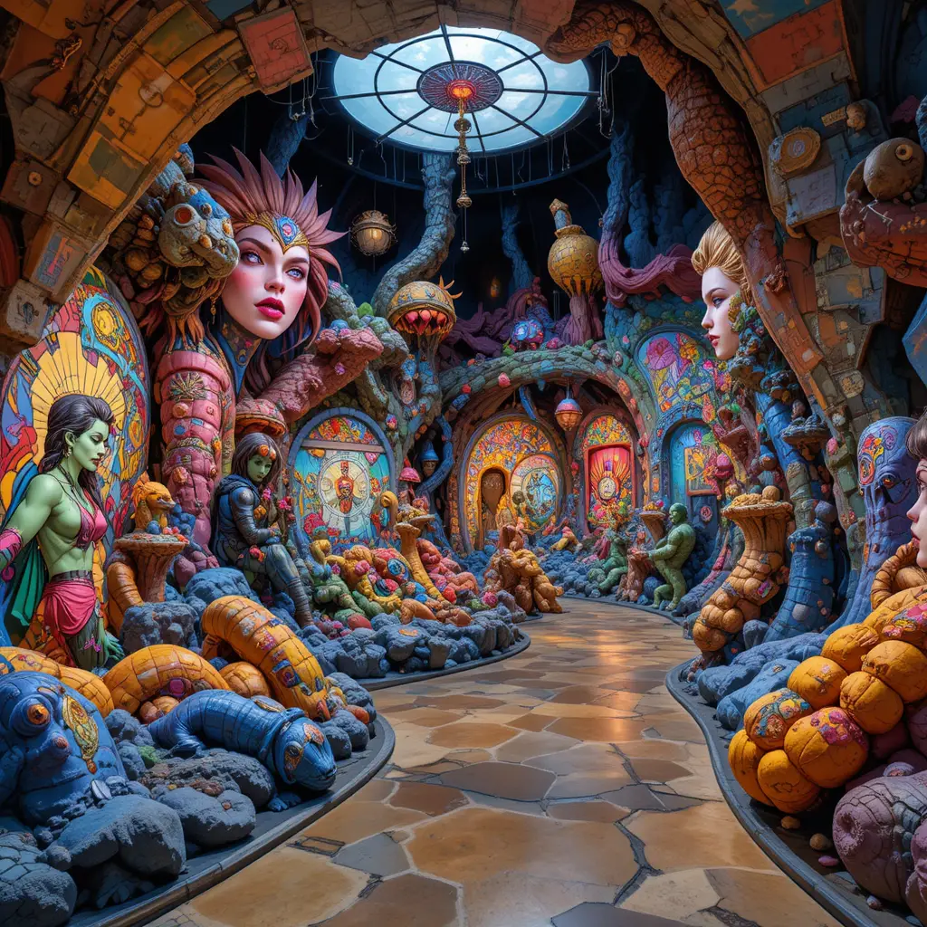 Fantasy museum of vibrant comic art and creatures