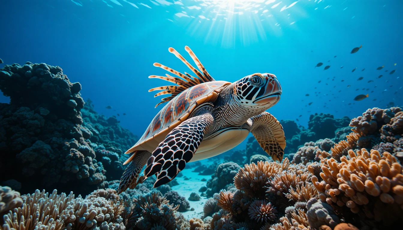 Colorful lionfish swimming in clear blue ocean water