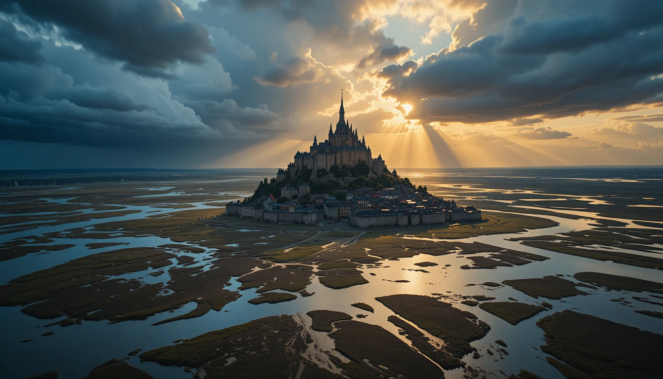 Vista aérea del Mont Saint-Michel al atardecer dramático