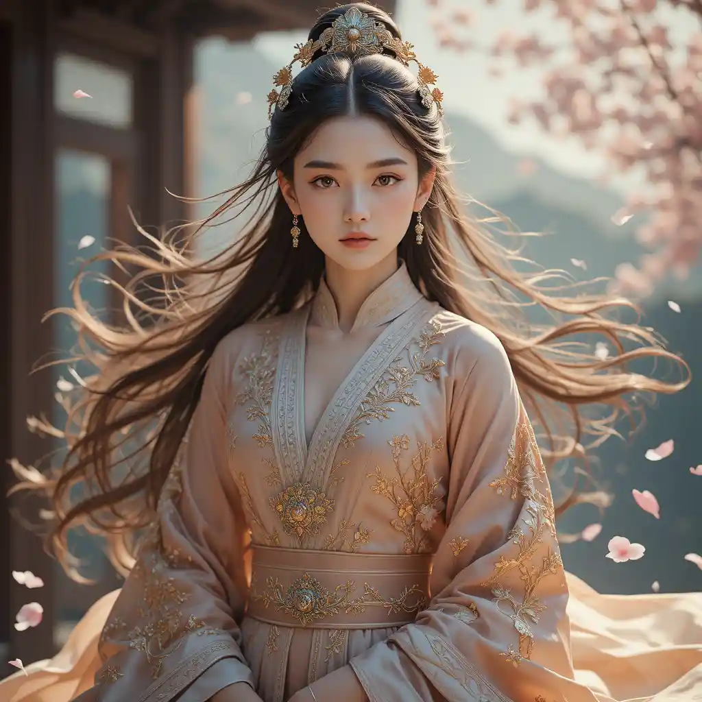Mujer china con hanfu tradicional entre pétalos de cerezo cayendo