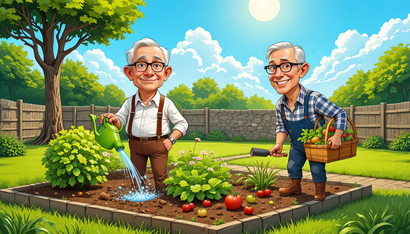 Two elderly men gardening together in a sunny cartoon scene