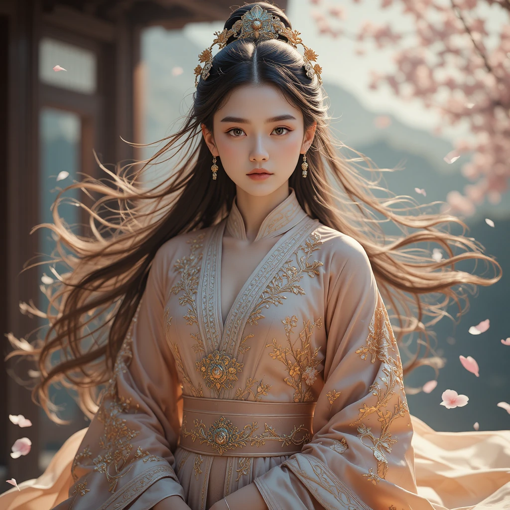 Mujer china con hanfu tradicional entre pétalos de cerezo cayendo