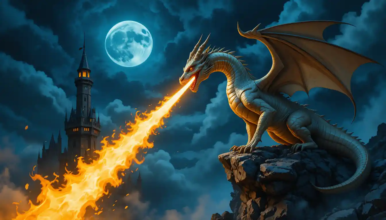 Majestic dragon breathing fire beside a distant moonlit castle