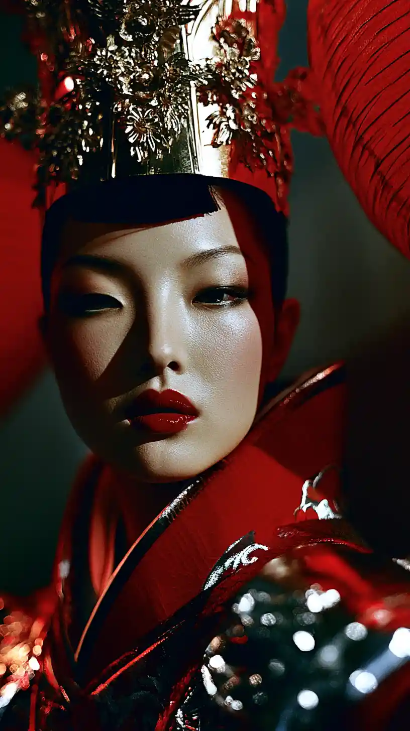Elegante mujer asiática de rojo con ornamentado tocado dorado
