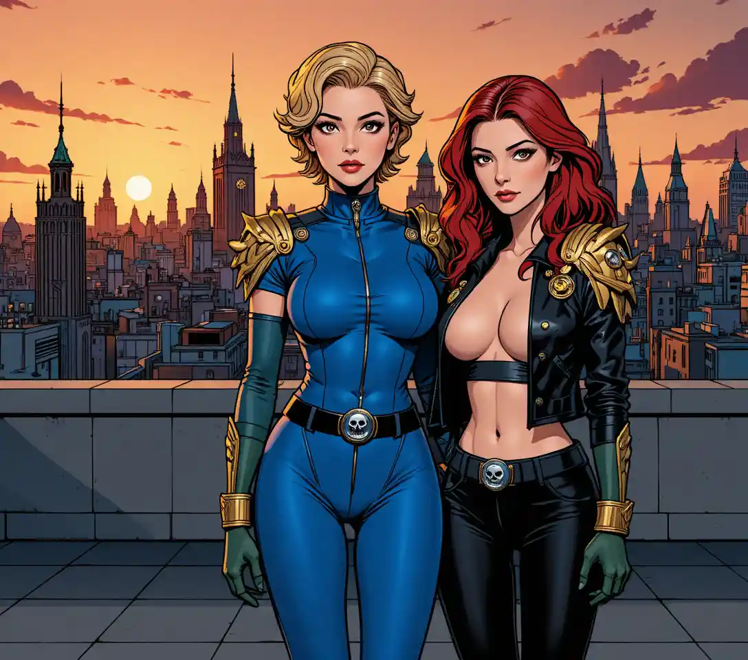 Two armored women on a city rooftop at sunset