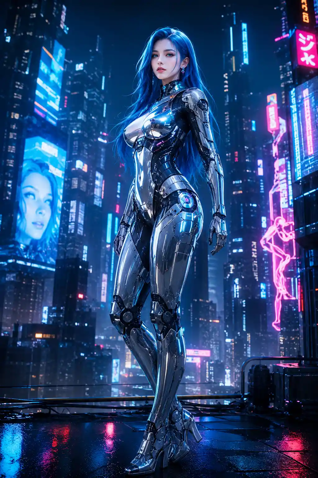Mujer androide futurista con armadura cromada y ciudad de neón