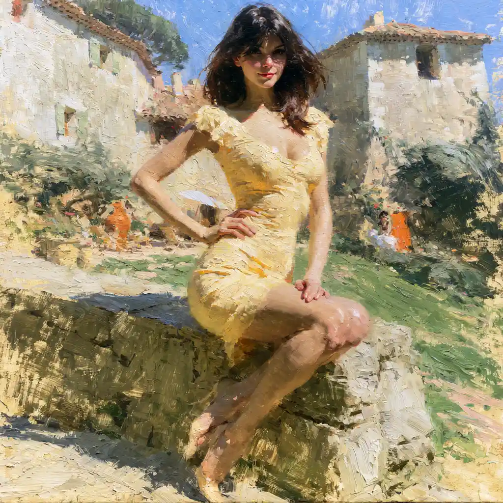 Elegante mujer morena con minivestido junto a una casa de campo