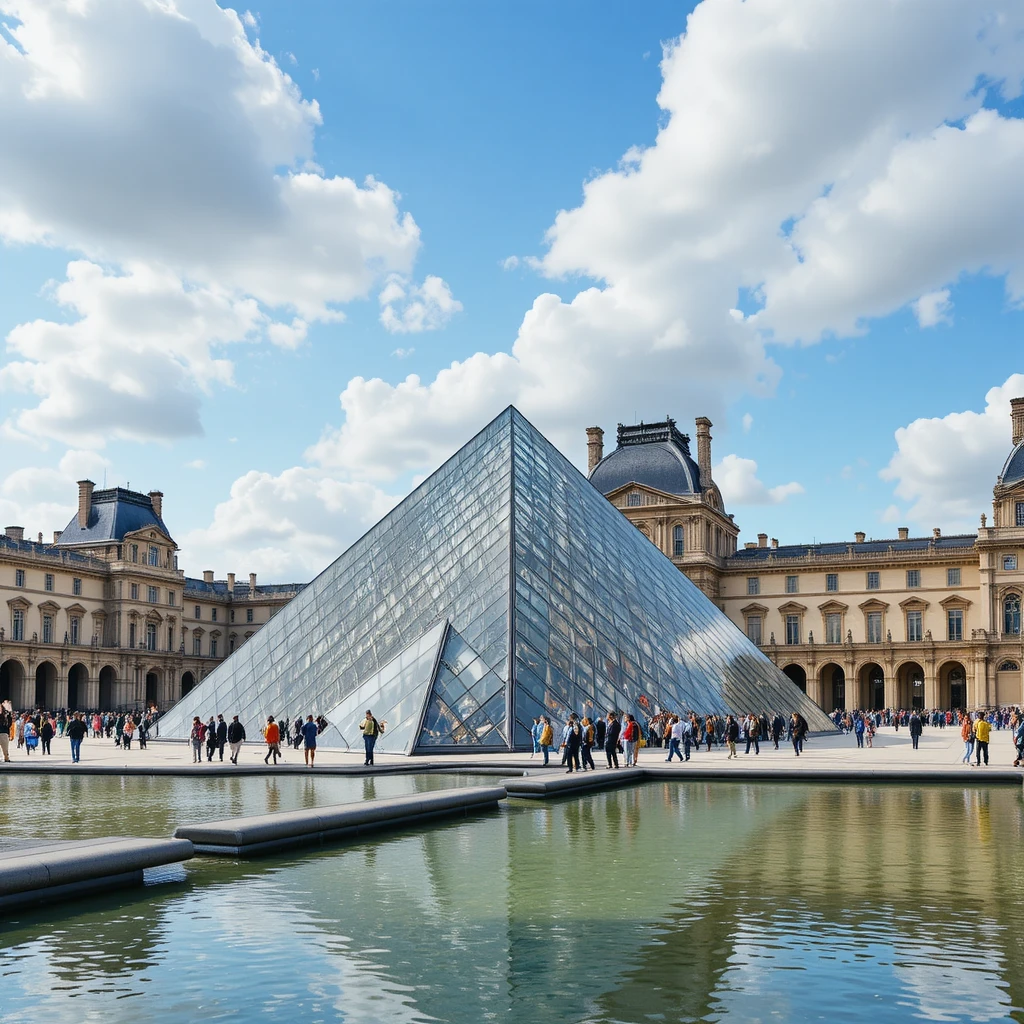 Pirámide de vidrio del Louvre y su reflejo en el museo de París