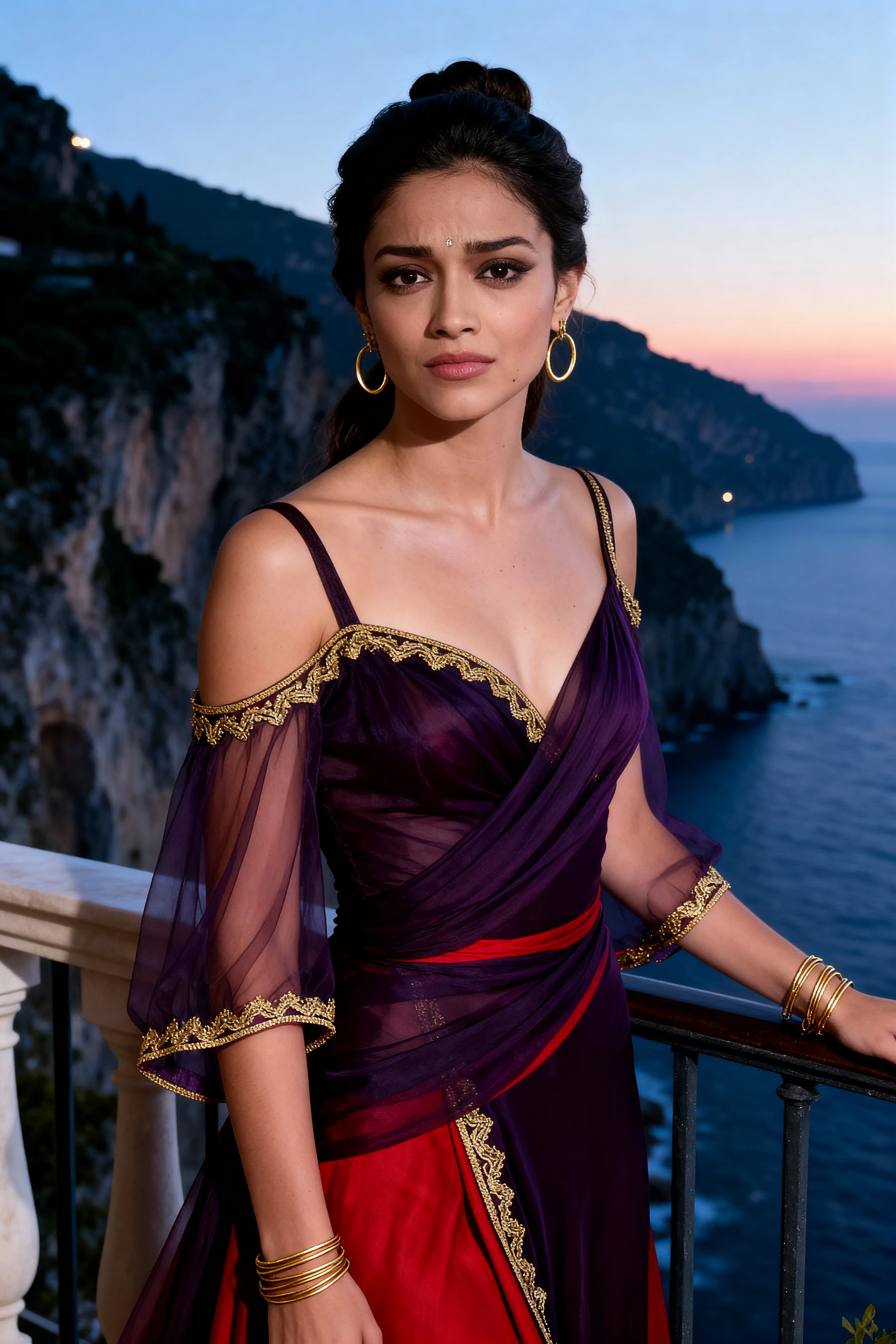 Princesa italiana en un balcón al atardecer junto al mar