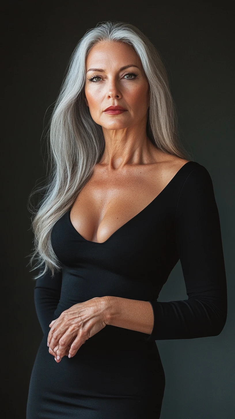 Confident mature woman in an alluring black dress portrait