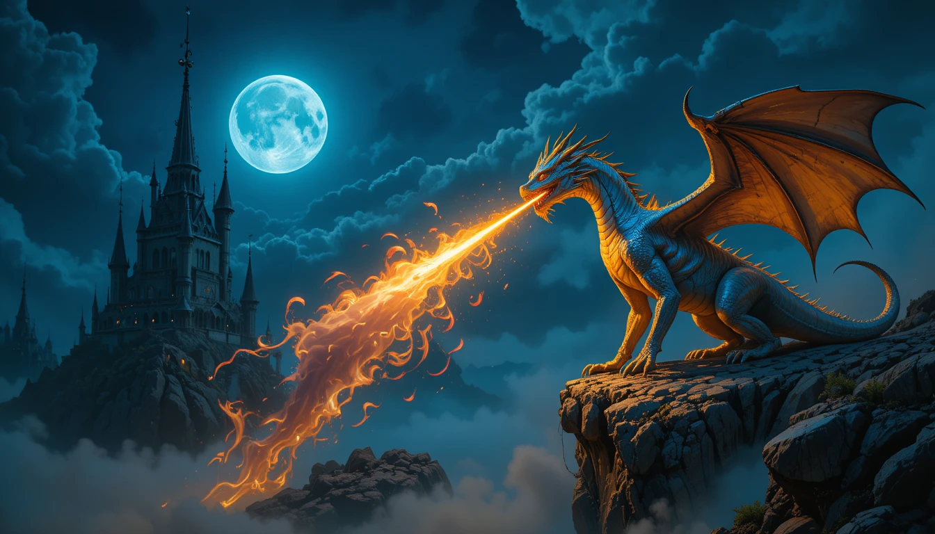 Majestuoso dragón lanzando fuego sobre un acantilado de fantasía