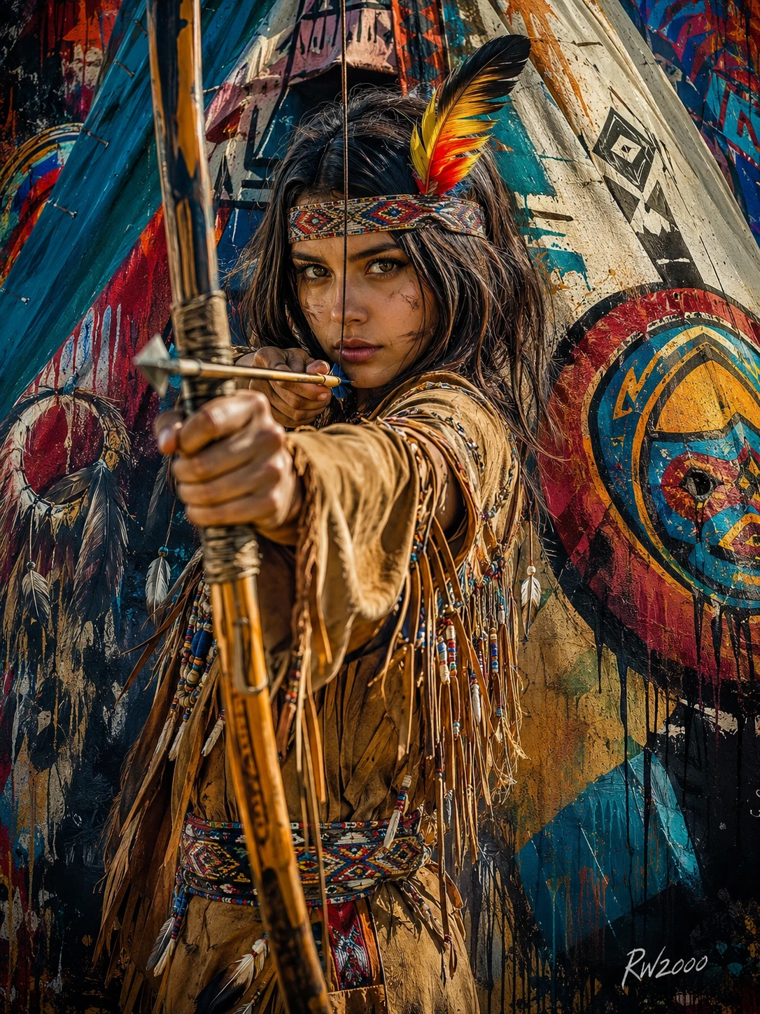 Joven mujer indígena apuntando con un arco frente a un tipi