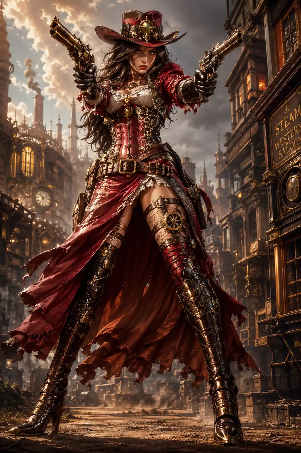 Steampunk-Cowgirl zielt mit zwei Pistolen in einer filmischen Fantasyszene