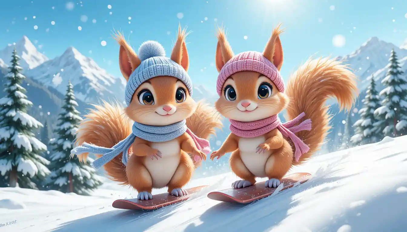 雪山の斜面でスノーボードをするかわいいリスたち