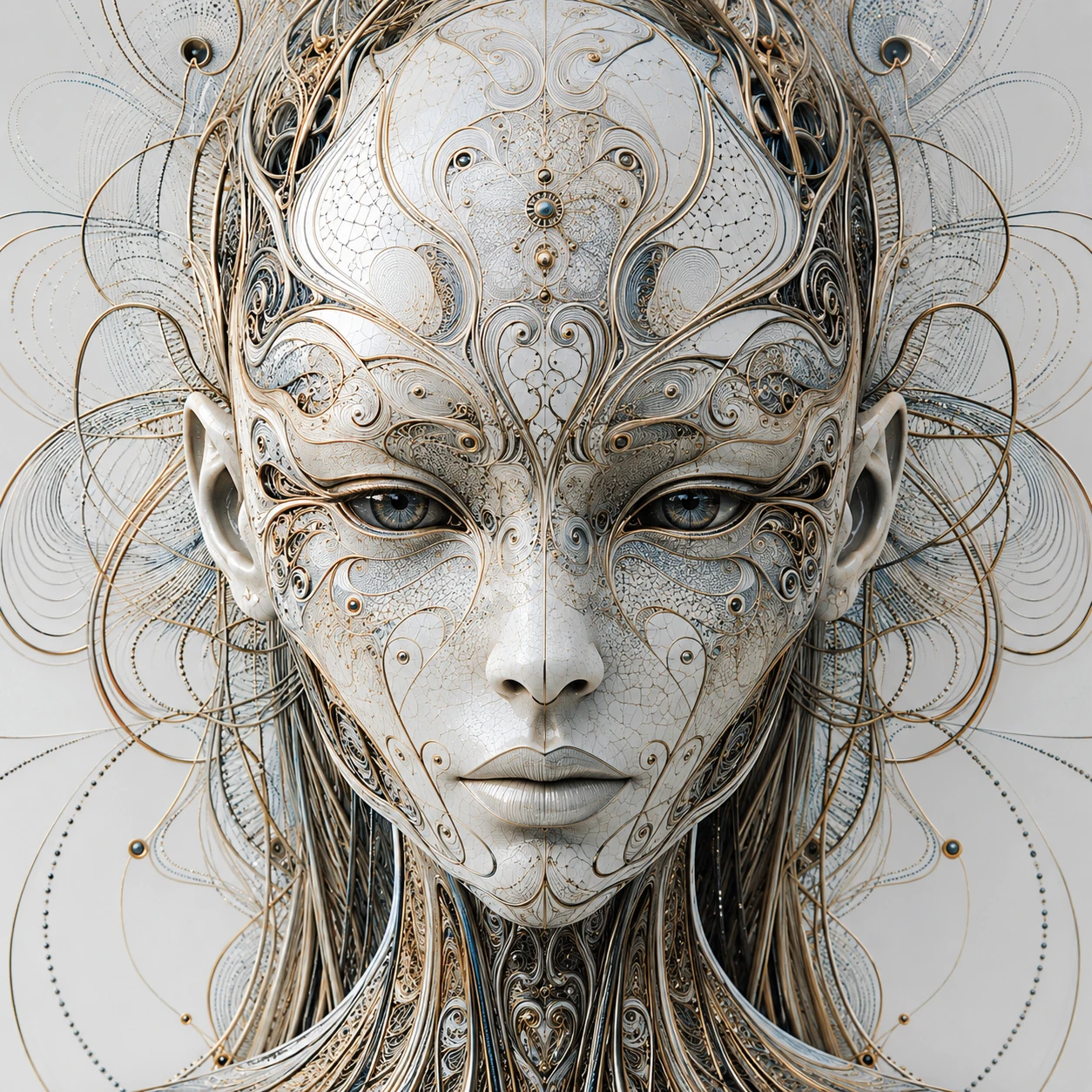 Fractal ceramic mask of inhuman woman with wires
