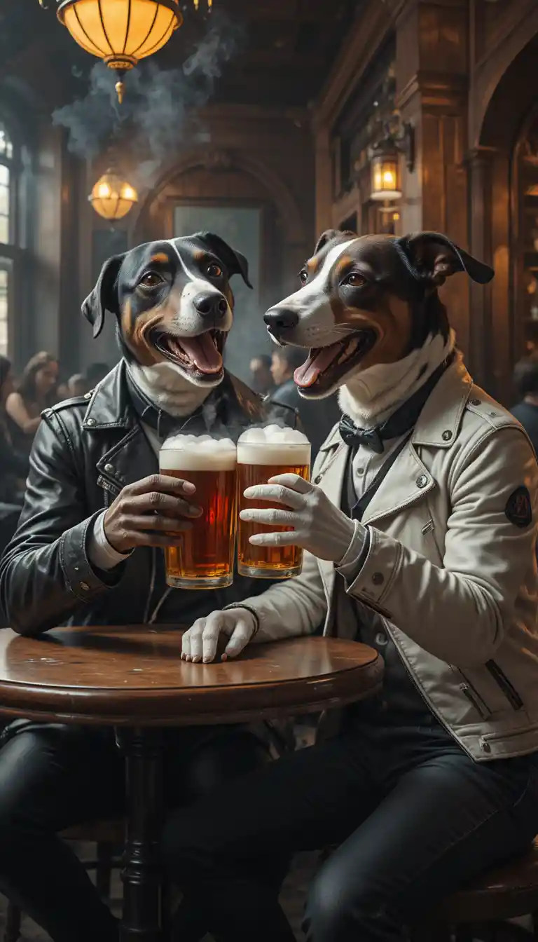 Anthropomorphic dogs sharing beer in a cozy wooden pub