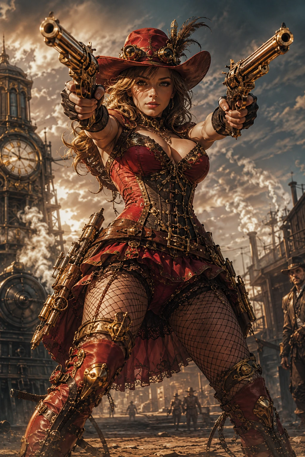 Vaquera steampunk apuntando con dos pistolas en escena de fantasía épica
