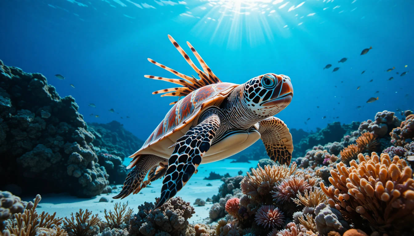 Vibrant lionfish in clear blue tropical ocean water