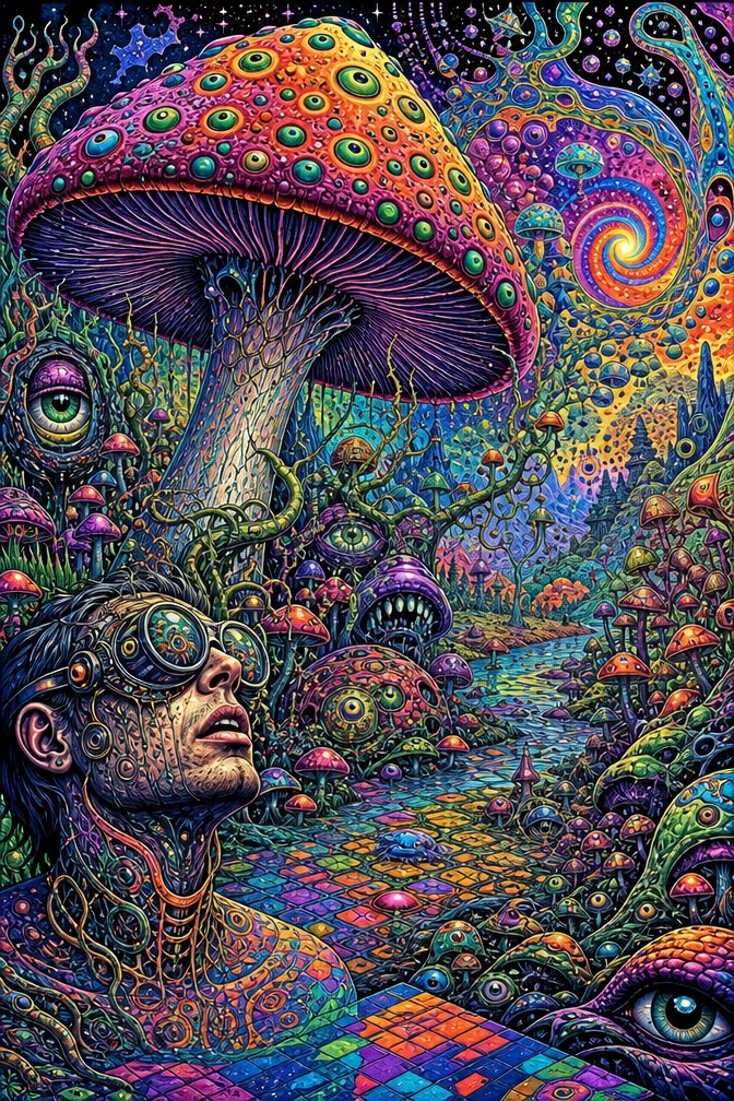 Hongos psicodélicos que alteran la percepción en colores surrealistas