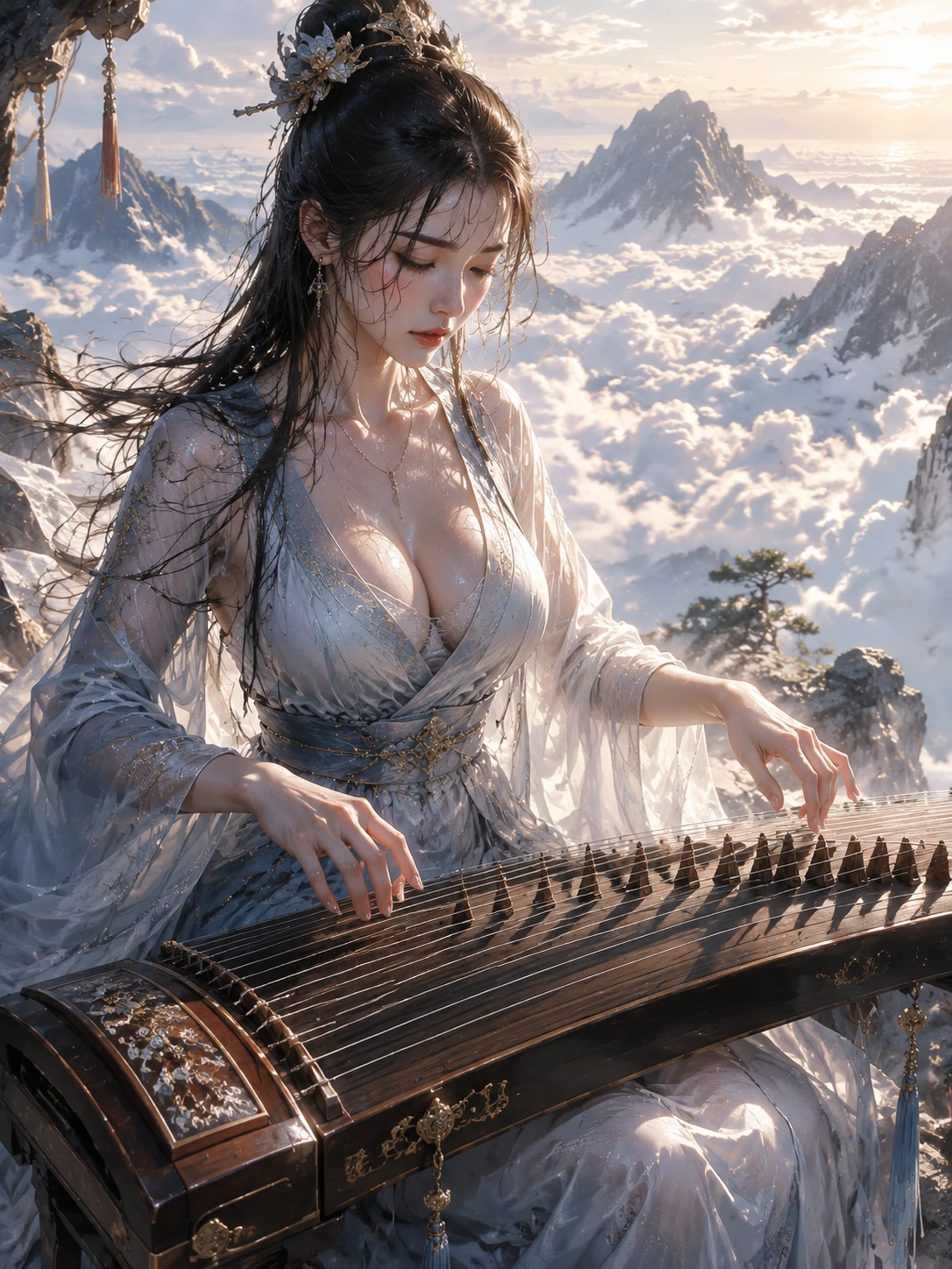 Cultivadora femenina tocando guzheng sobre las nubes