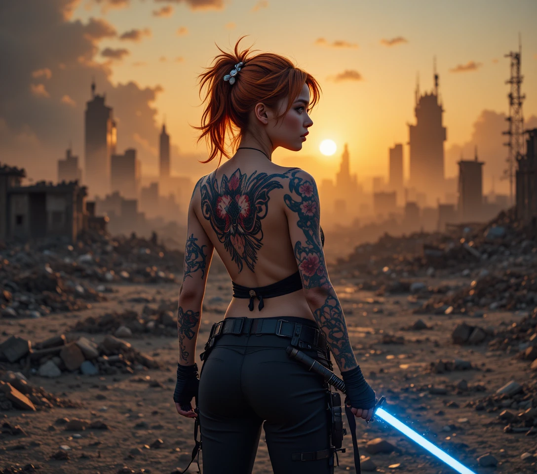 Guerrera tatuada con espada de energía al atardecer