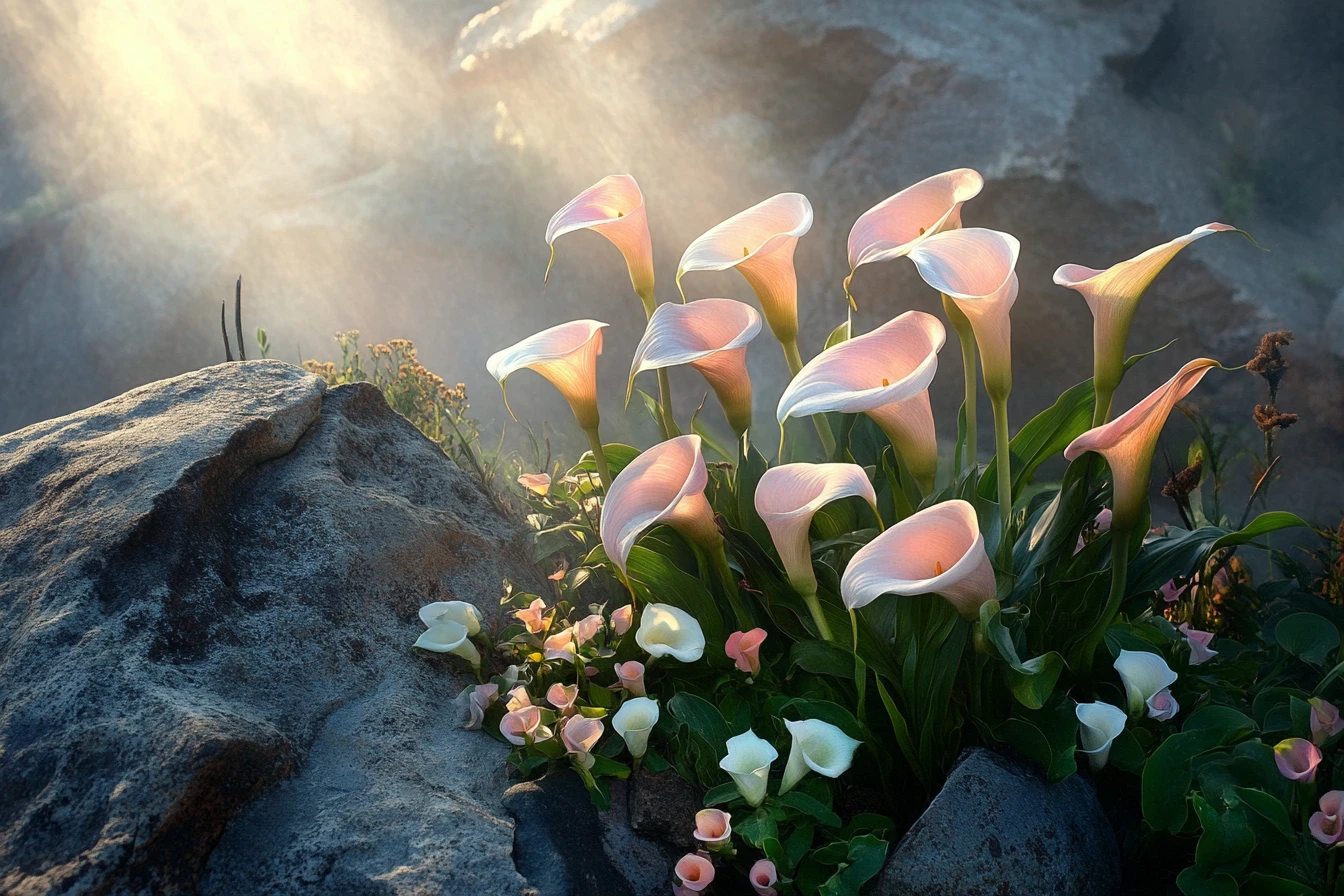 Suave luz del sol sobre calas rosas en acantilados rocosos