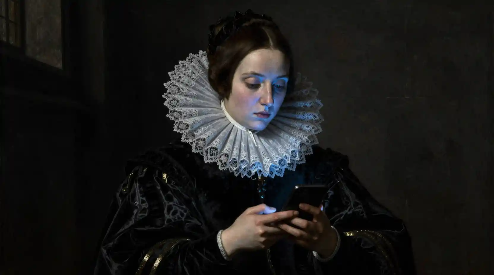 Frauenporträt im Renaissancestil, beleuchtet von einem Smartphone
