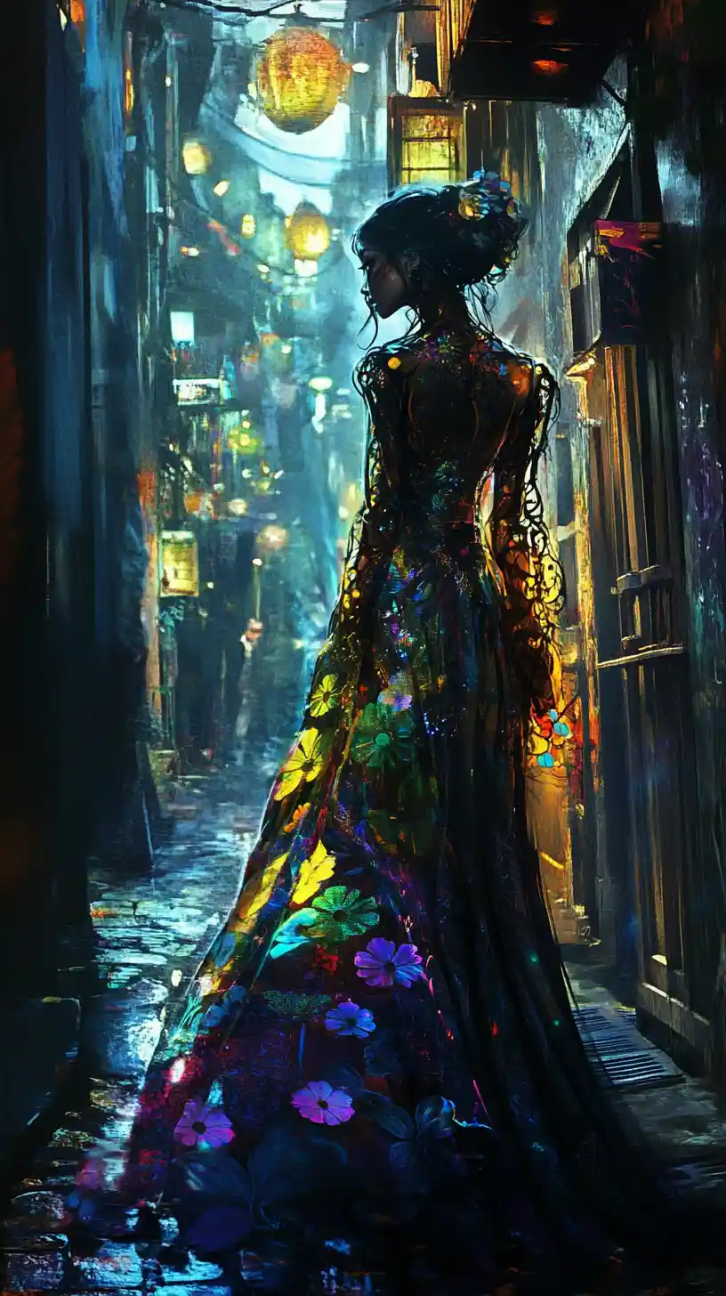 Mysterious woman standing in the shadowy urban alleyway