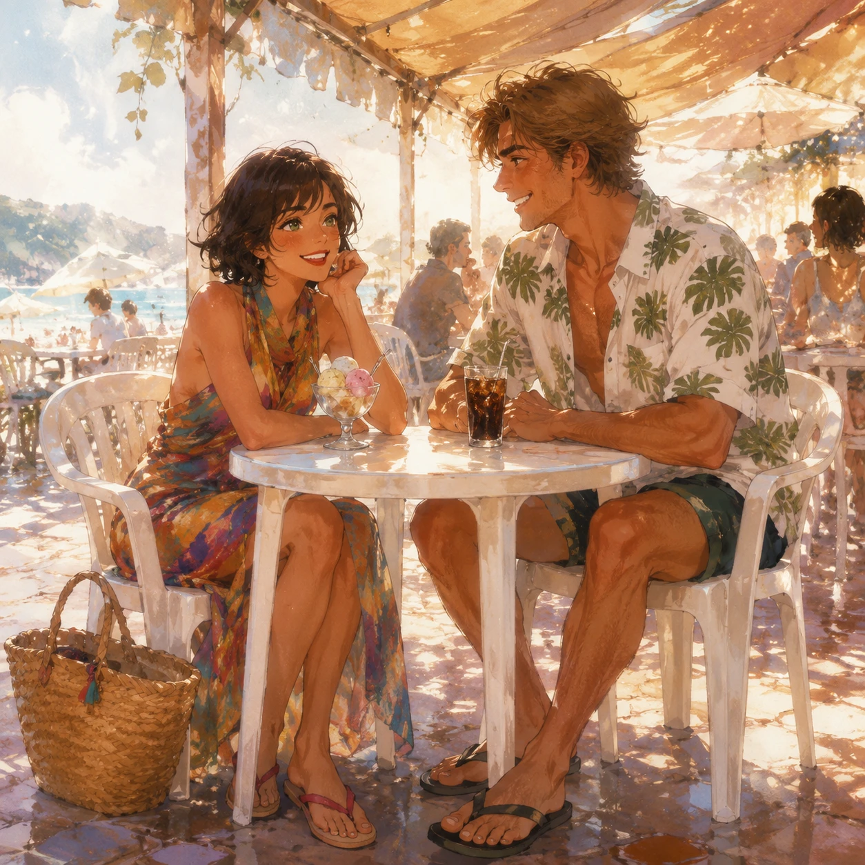 Pareja sonriente relajándose en la terraza de un bar de playa soleado