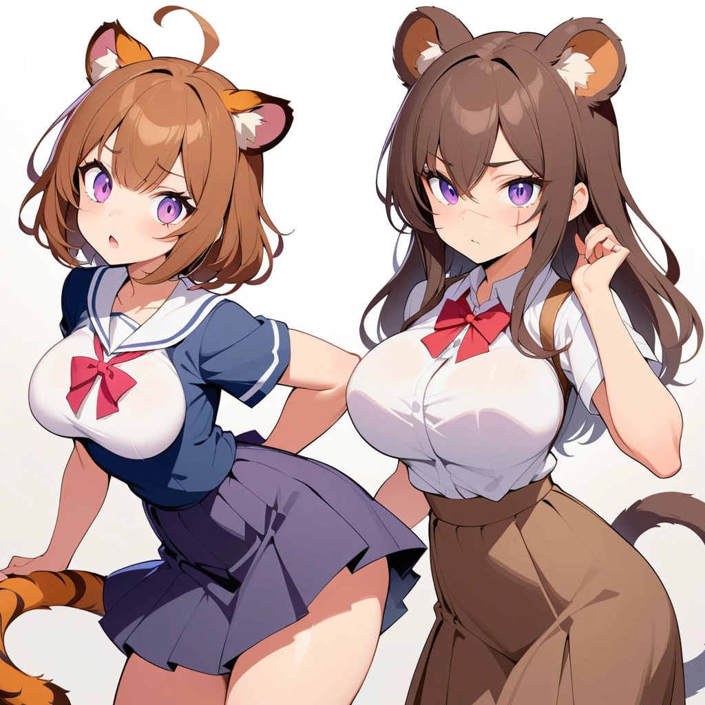 Mujer de anime con orejas y cola de tigre en uniforme escolar