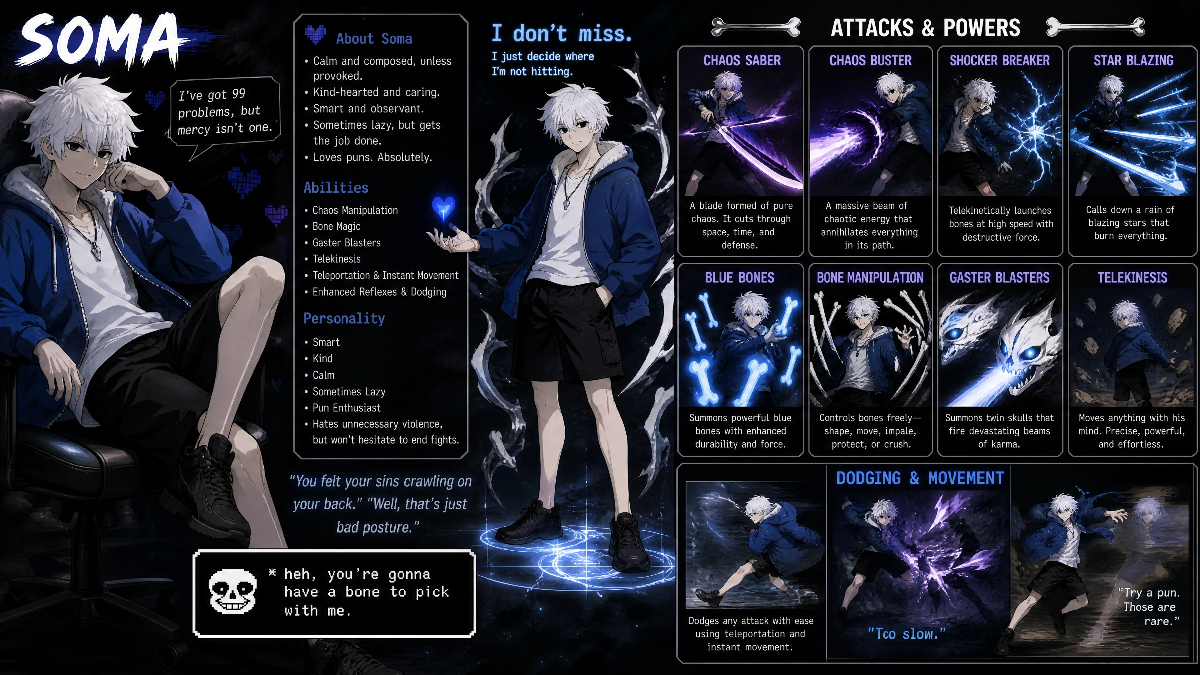 Hombre de anime de cabello blanco con poderes mágicos caóticos
