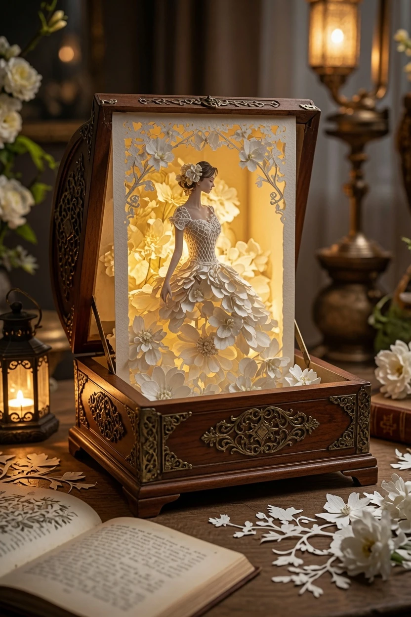 Paper cut woman in gown with flowers in warm light