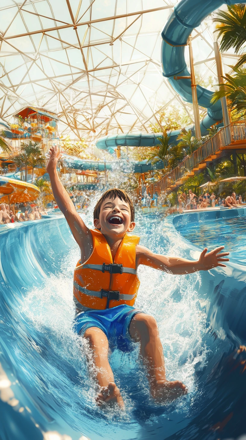 Joyful boy sliding through tropical indoor water park