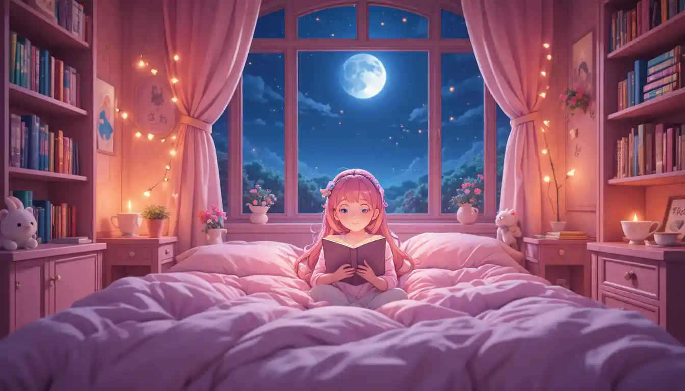 Anime girl reading in a cozy pink bedroom at night