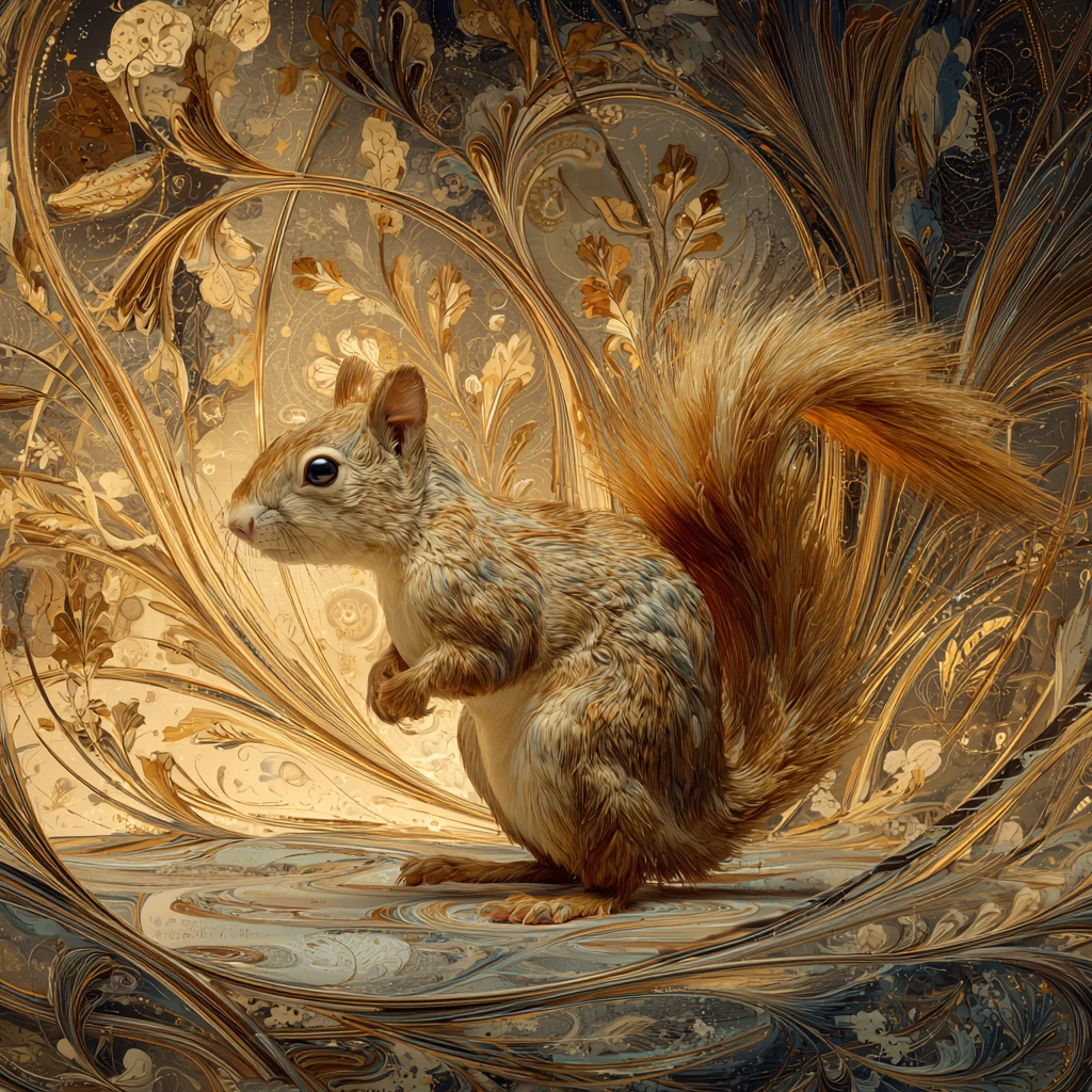 Whimsical squirrel in a glowing golden fantasy forest