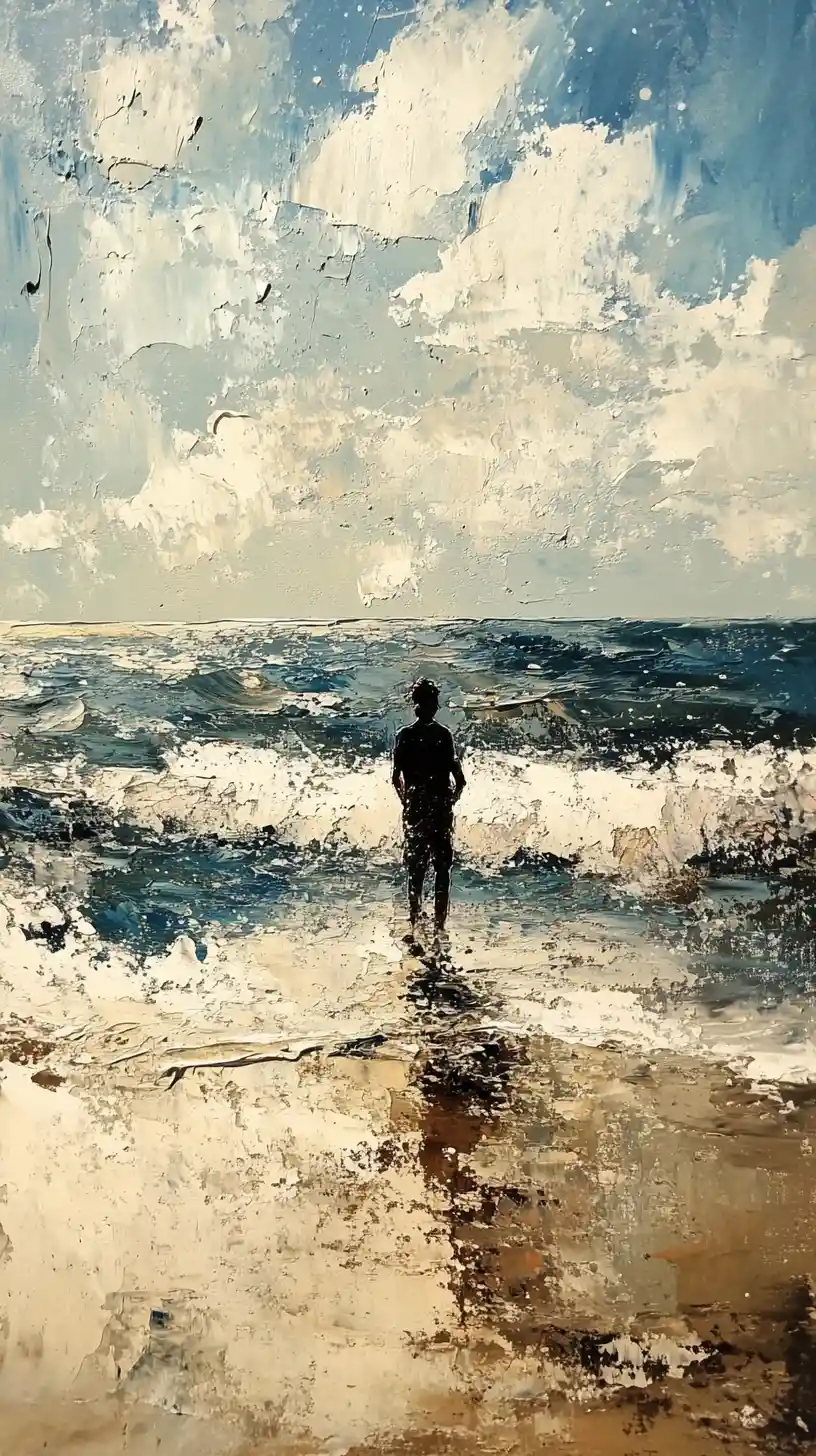 Man walking on water along a bright white beach