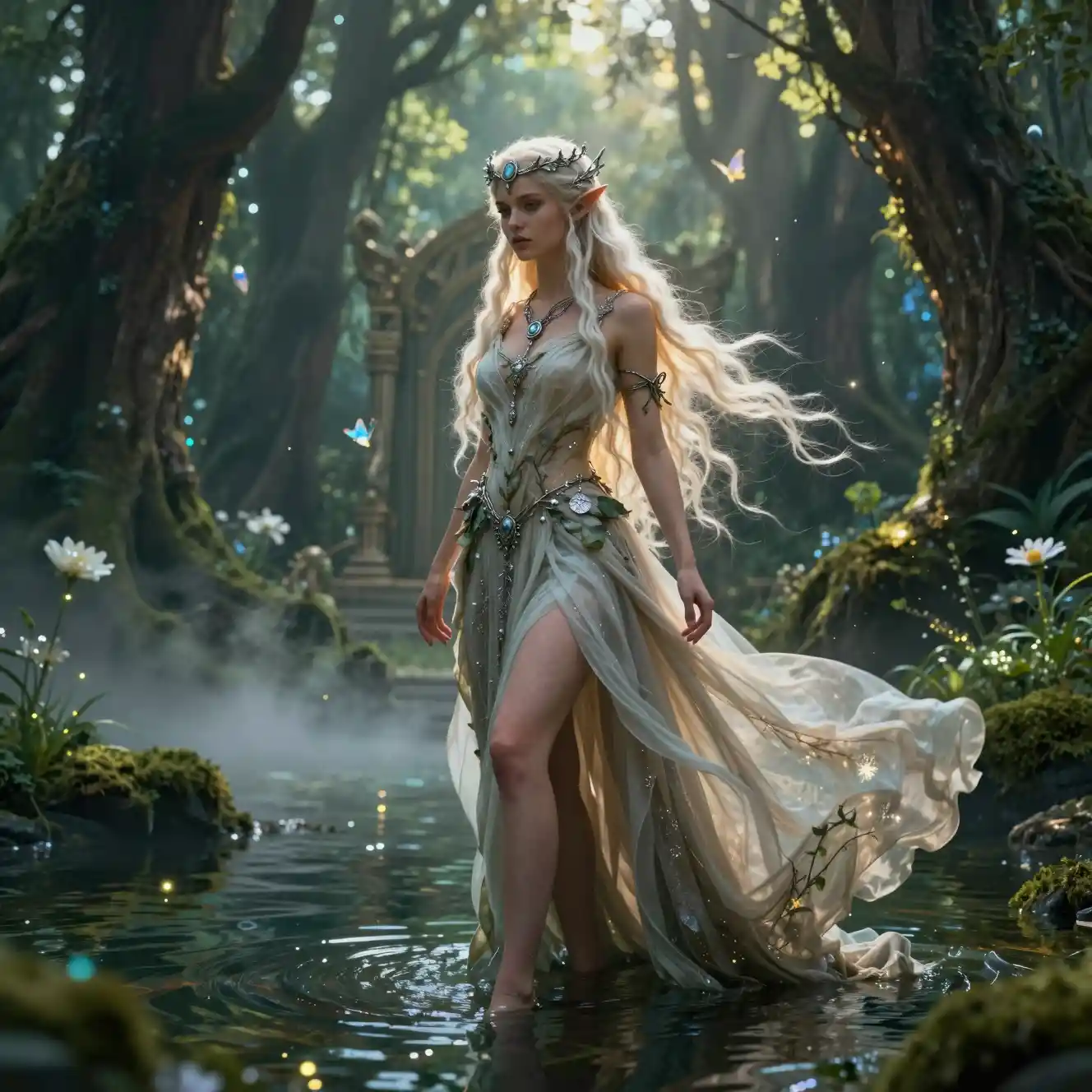 Elven princess standing in enchanted forest water