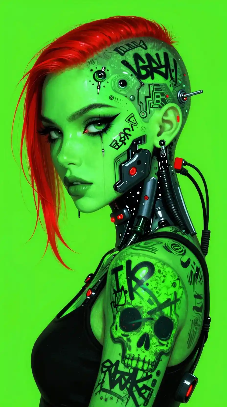 Neon green cyberpunk woman portrait with biomechanical tattoos