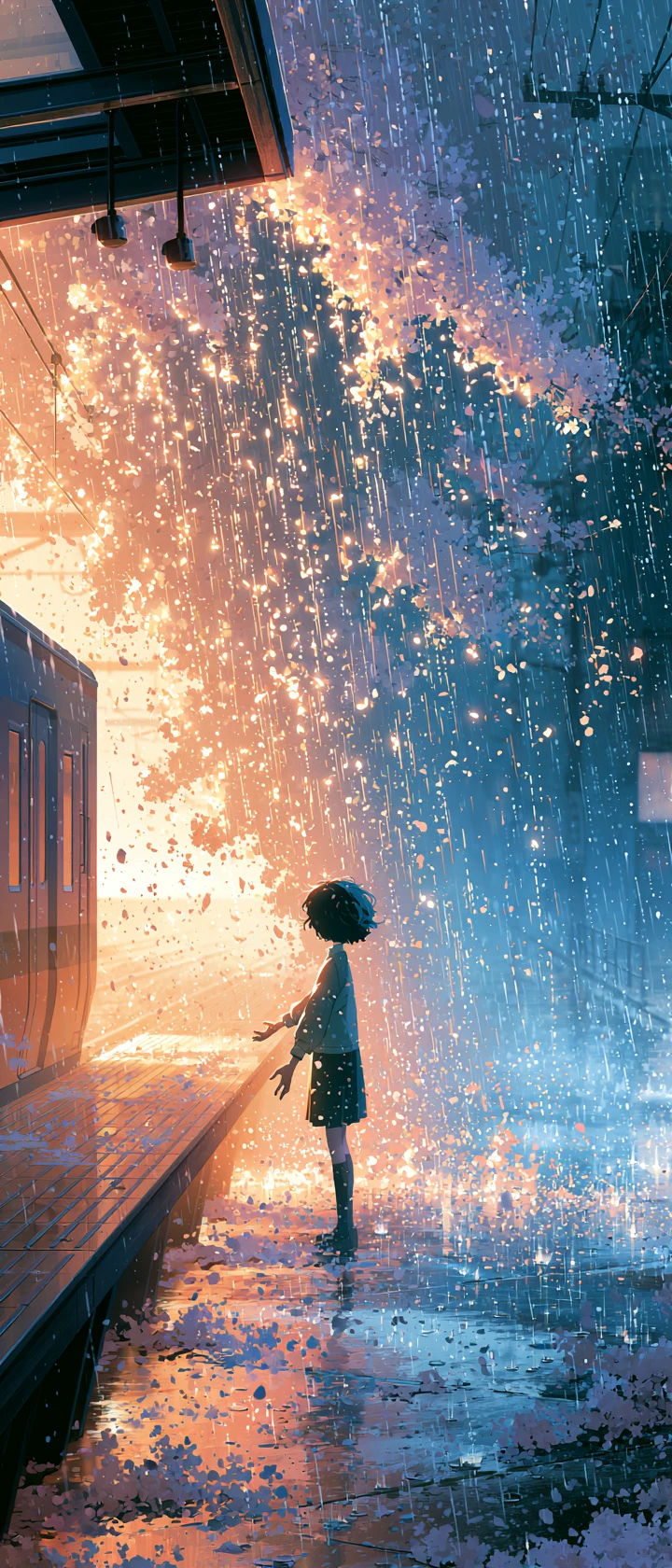 Chica de anime entre andén bañado por el sol y calle lluviosa de la ciudad