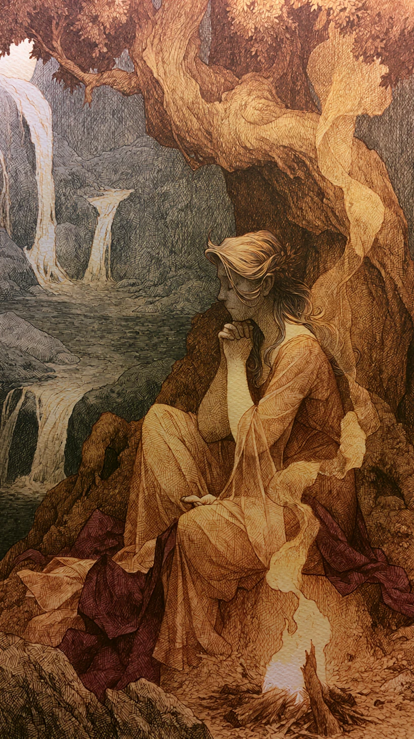 Ethereal woman meditating beneath an ancient tree by water