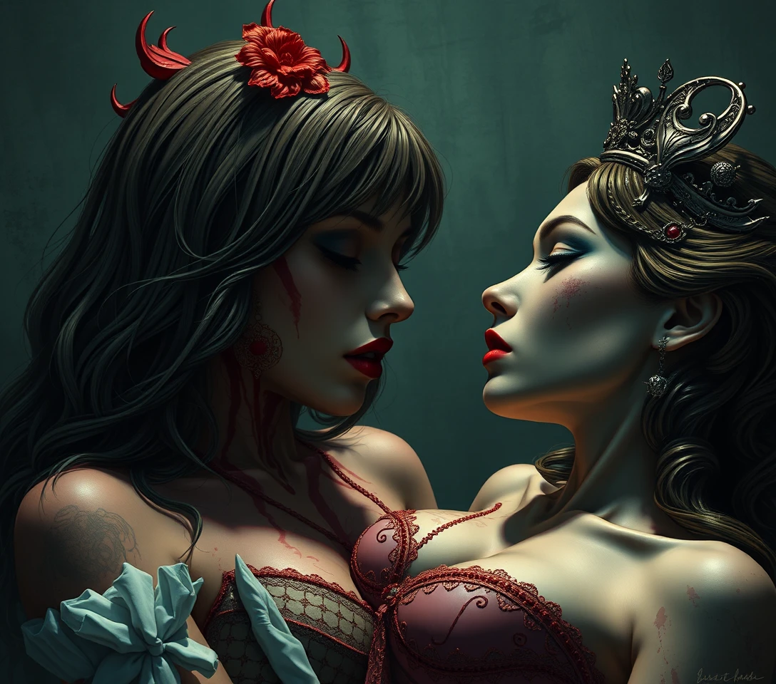 Escena de terror pop surreal con una mujer misteriosa