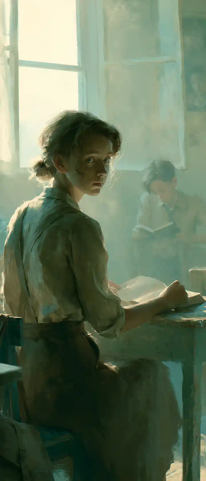 Soft classroom window light with a tender gaze of youth