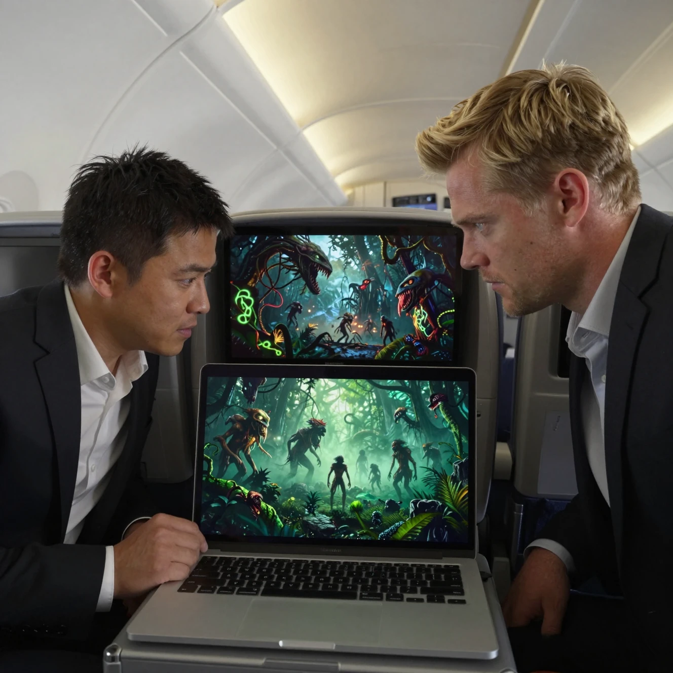 Two men in an airplane cabin watch a cinematic laptop screen