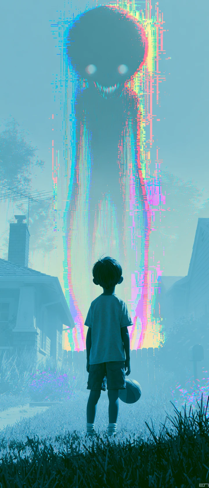 Young boy holding a ball in a haunted summer yard