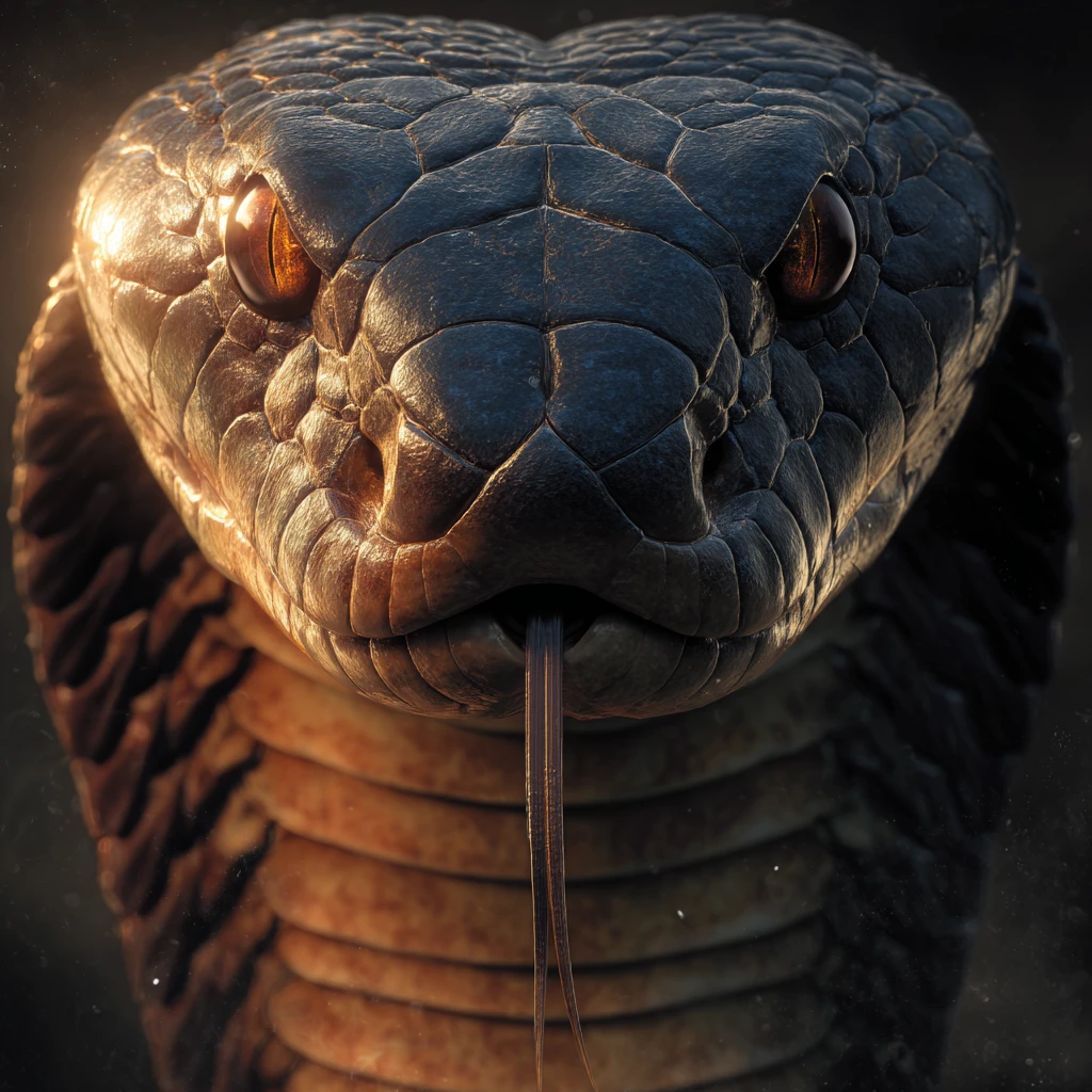 Close up cinematic view of a king cobra with flared hood